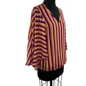 TRINA TURK Los Angeles Blouse Multi Stripe Printed Rayon Rib V-Neck Size S Small